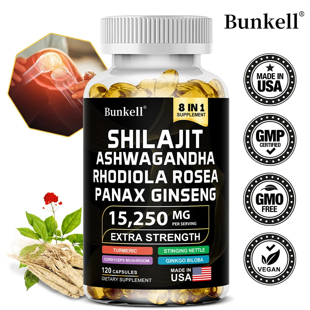 15250Mg Shilajit Capsules with Ginseng Ashwagandha Turmeric, Energy Supplement Muscle Mass Endurance