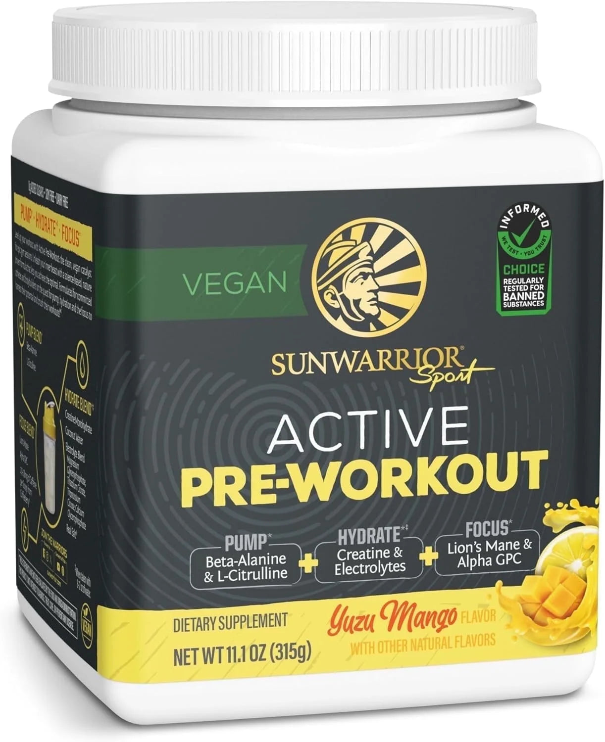 Sunwarrior Active Pre-Workout Powder for Men & Women, Yuzu Mango, 315G (30 Servings)