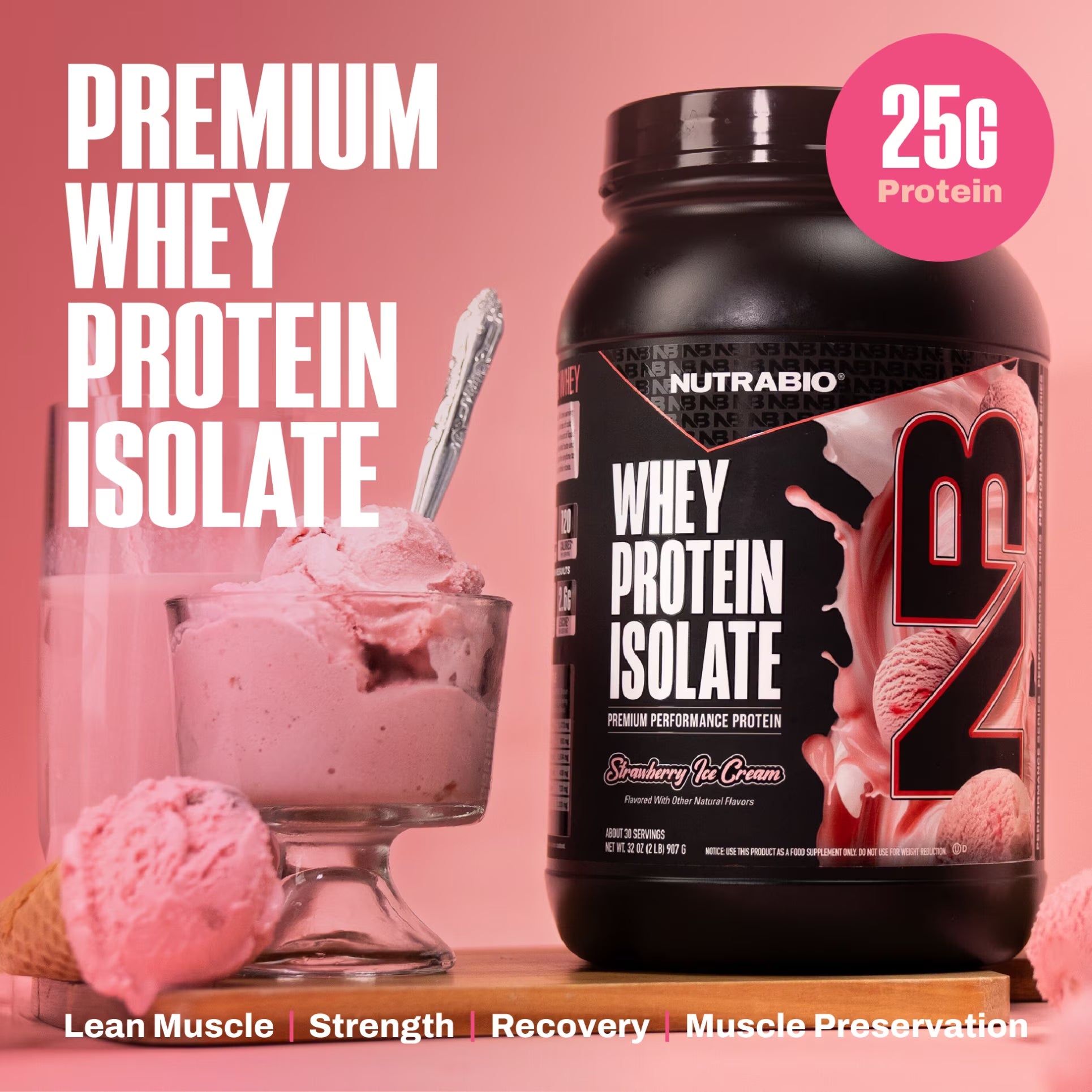 Nutrabio 100% Whey Protein Isolate Protein Powder, 25G Protein with Complete Amino Acid Profile, Non-Gmo, Soy & Gluten Free, Low Carb, Low Calorie Whey Protein Powder, Strawberry Ice Cream, 2 Lbs