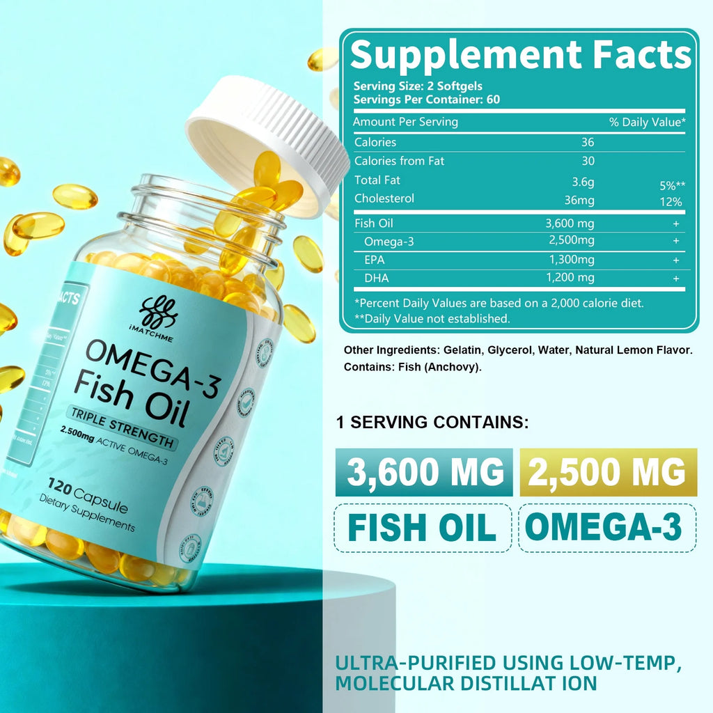 Omega-3 Fish Oil, with EPA & DHA Burpless Fish Oil Supplement, Promotes Brain & Heart Health, 120 Ct