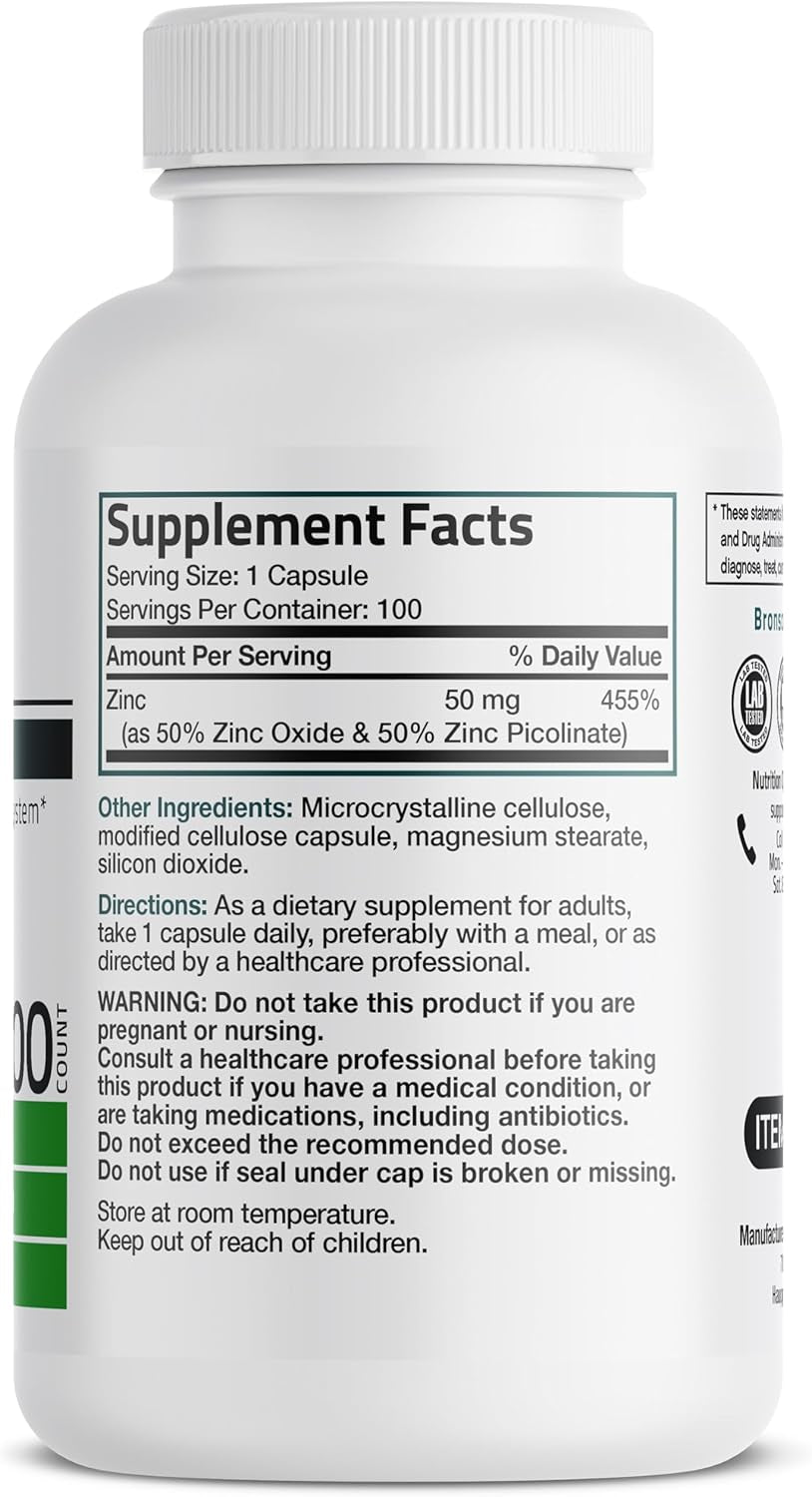 Zinc 50Mg Complex High Potency Immune Support Supplement & Antioxidant and Skin Health - Non GMO, 100 Vegetarian Capsules