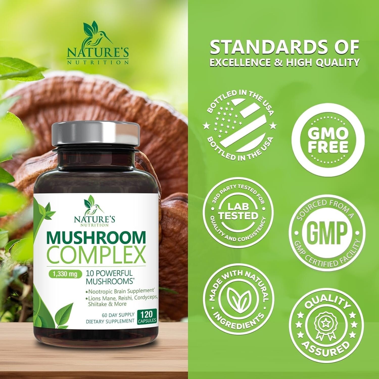 Mushroom Complex Supplement Capsules - 10 Mushrooms Lions Mane, Reishi, Chaga
