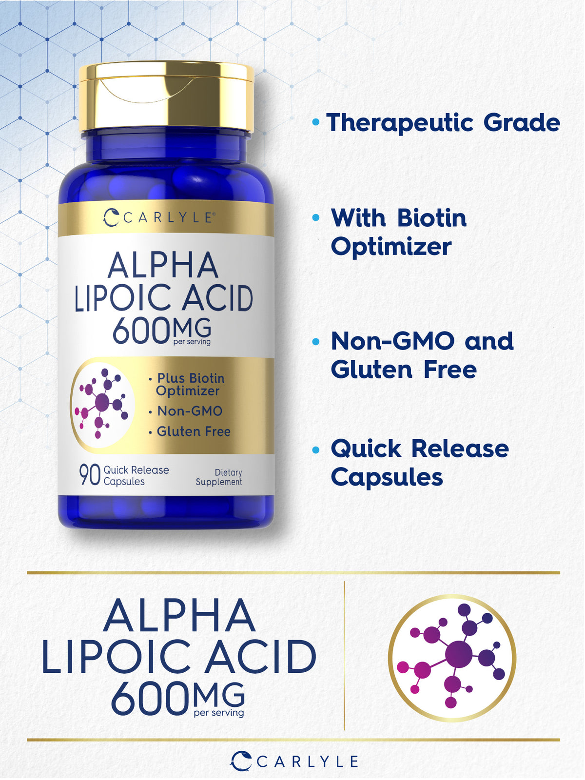 Alpha Lipoic Acid 600Mg | plus Biotin Optimizer | 90 Capsules | by Carlyle