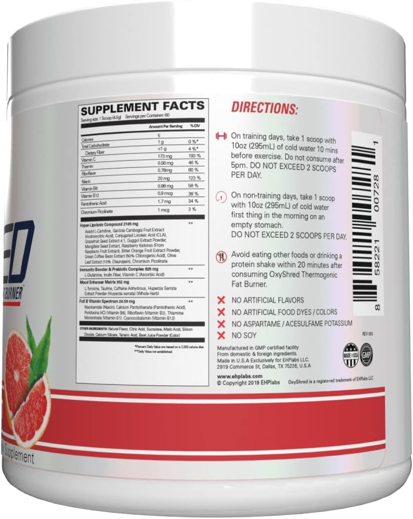 EHP Labs Oxyshred Pre Workout Powder - Preworkout Powder with L Glutamine & Acetyl L Carnitine, Energy Boost Drink - Pink Grapefruit, 60 Servings
