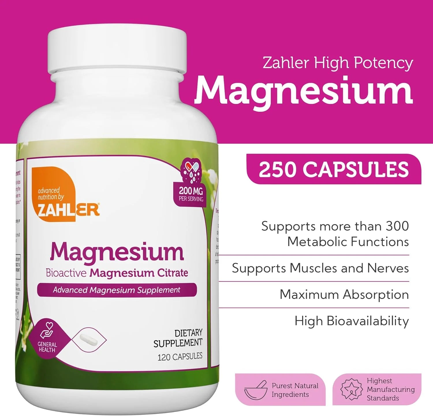 Zahler Magnesium Citrate 200 Mg Capsules, Advanced Magnesium Supplements for Muscle & Nerve Health, Bioactive Magnesium, 250 Capsules
