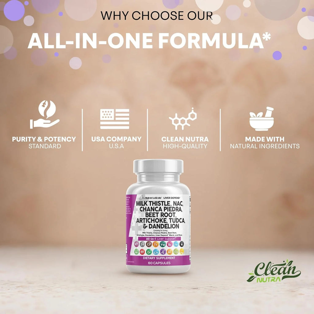 Clean Nutraceuticals Milk Thistle NAC Chanca Piedra Beet Root Artichoke Dandelion Root - Liver Cleanse Detox & Repair Supplement plus TUDCA Choline & Ginger 60 Count