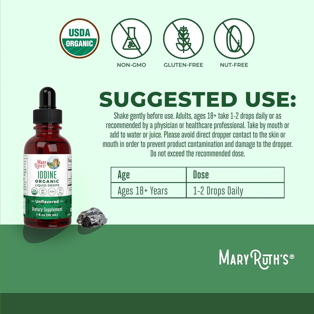 Maryruth Organics Iodine Liquid Drops | Potassium Iodide | 1 Year Supply | 450 Servings | Thyroid Health | USDA Organic| Vegan | Non-Gmo | Gluten Free | 1 Fl Oz