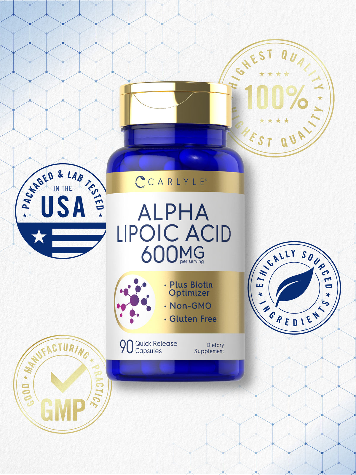 Alpha Lipoic Acid 600Mg | plus Biotin Optimizer | 90 Capsules | by Carlyle