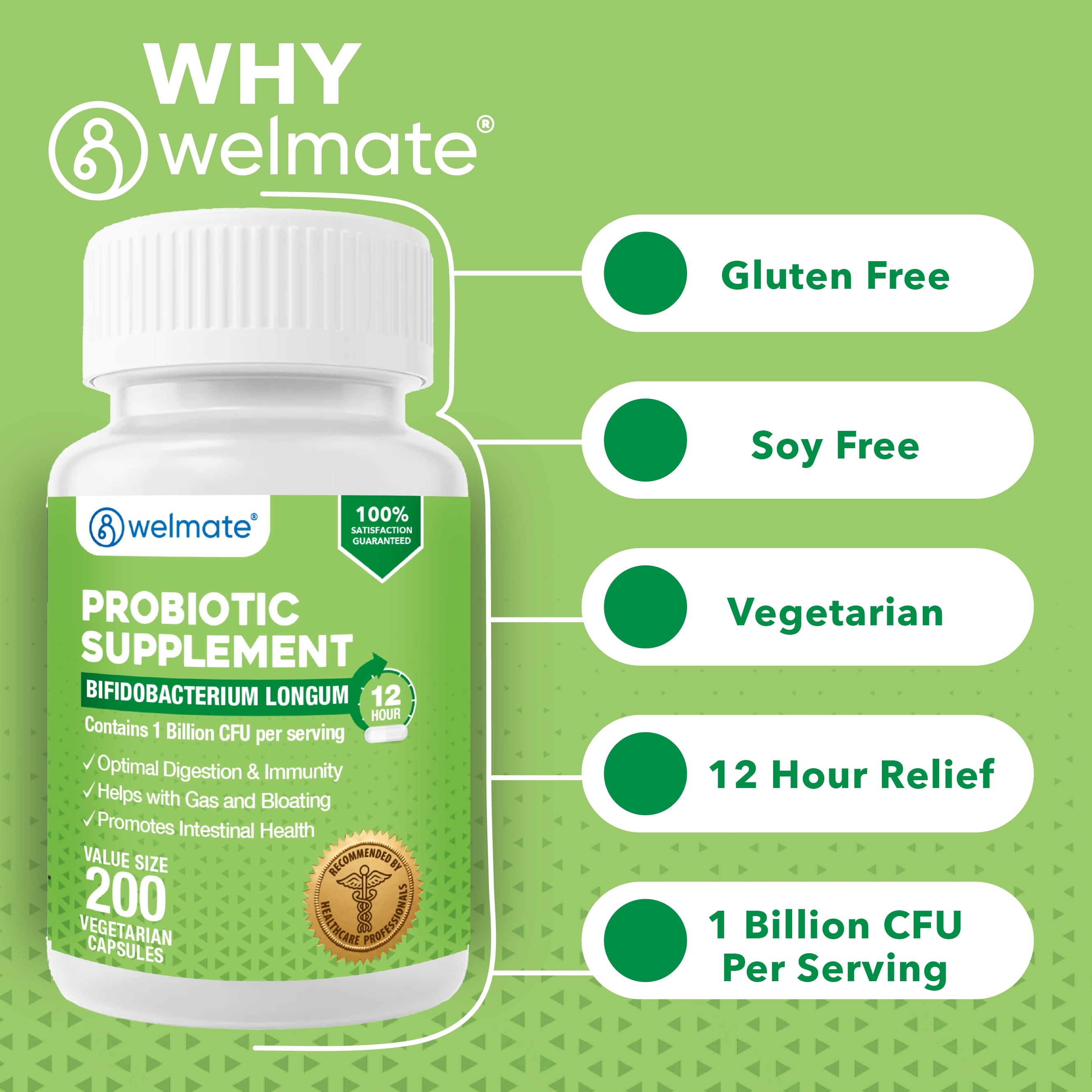 WELMATE Probiotic Supplement, Bifidobacterium - 200 Capsules