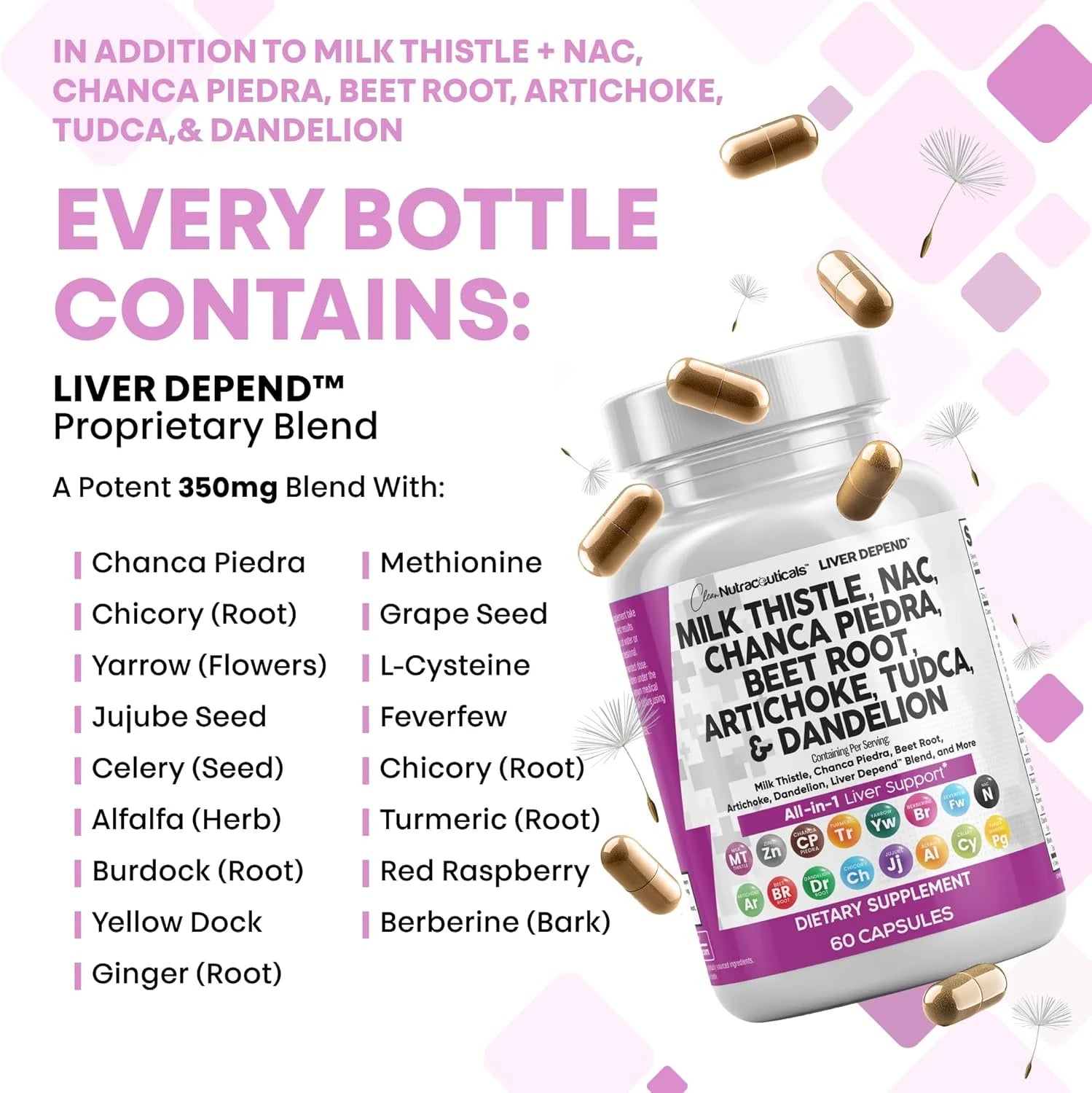 Clean Nutraceuticals Milk Thistle NAC Chanca Piedra Beet Root Artichoke Dandelion Root - Liver Cleanse Detox & Repair Supplement plus TUDCA Choline & Ginger 60 Count