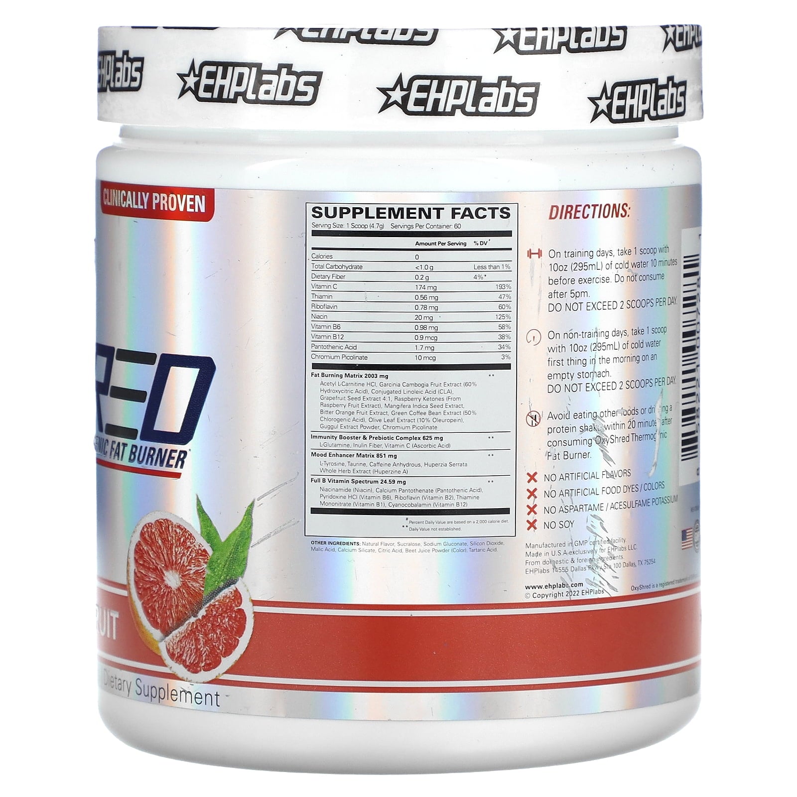 EHP Labs Oxyshred Pre Workout Powder - Preworkout Powder with L Glutamine & Acetyl L Carnitine, Energy Boost Drink - Pink Grapefruit, 60 Servings