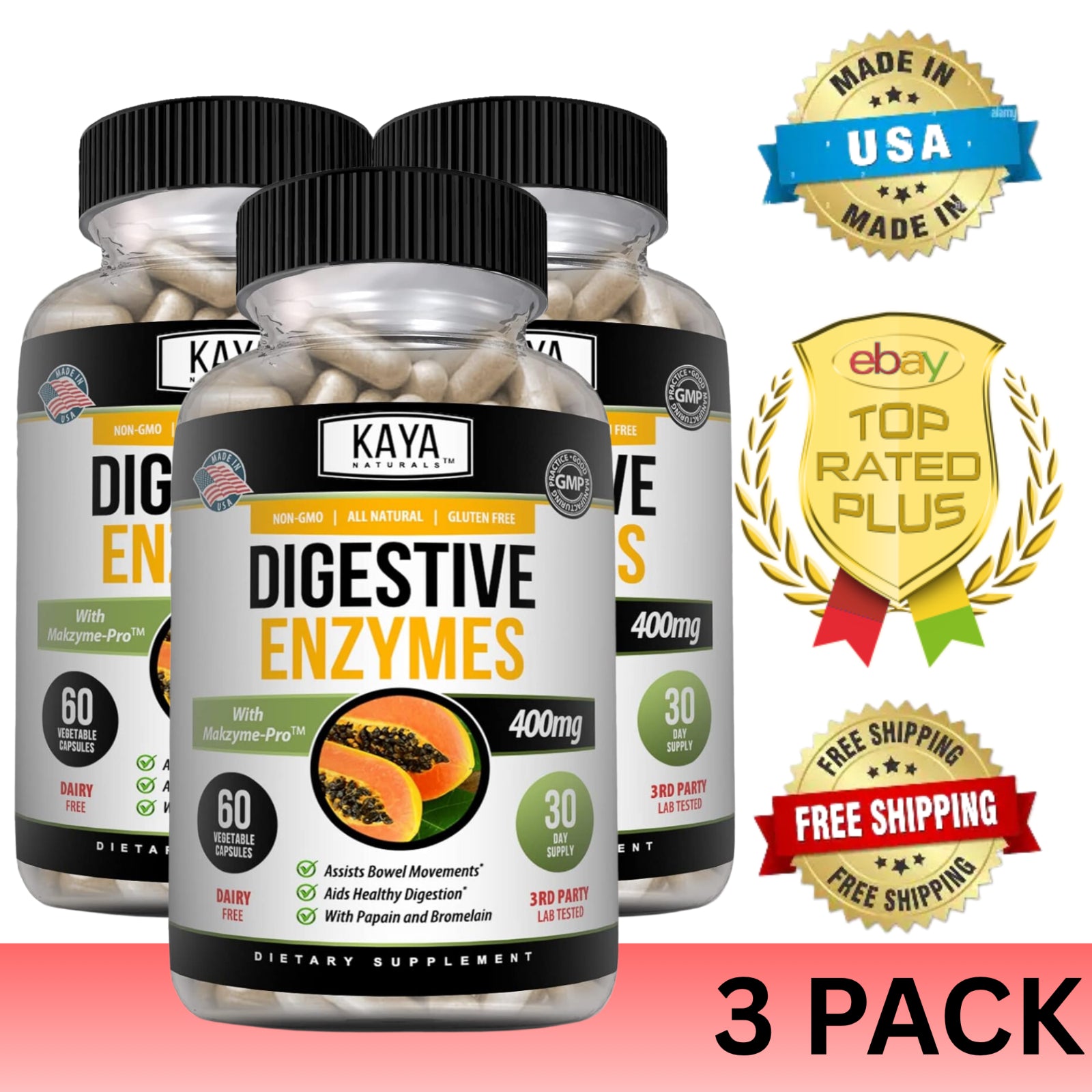 3X 60Ct Digestive Enzymes Prebiotic & Probiotic, Gas, Constipation, Bloating Aid