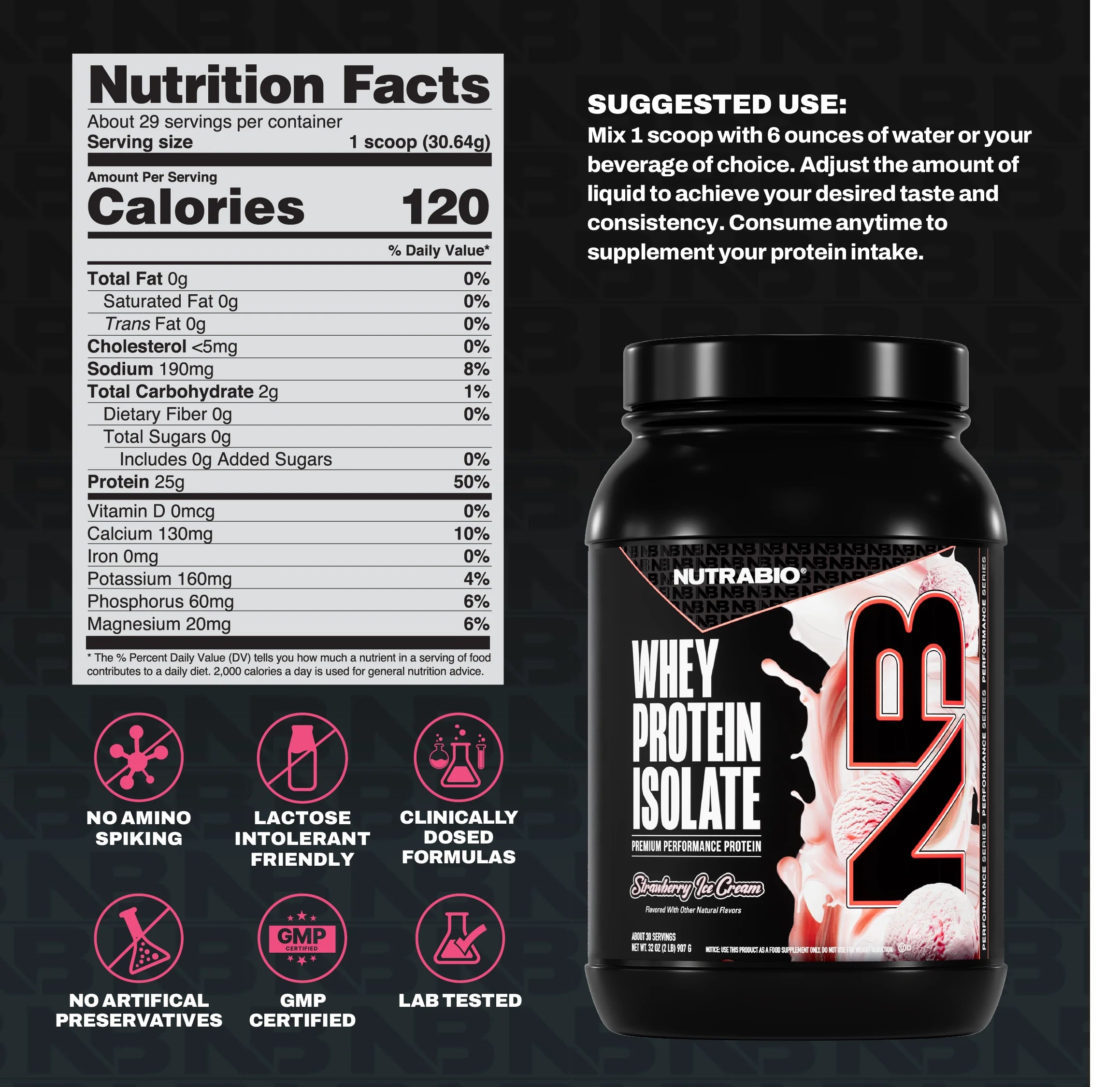 Nutrabio 100% Whey Protein Isolate Protein Powder, 25G Protein with Complete Amino Acid Profile, Non-Gmo, Soy & Gluten Free, Low Carb, Low Calorie Whey Protein Powder, Strawberry Ice Cream, 2 Lbs