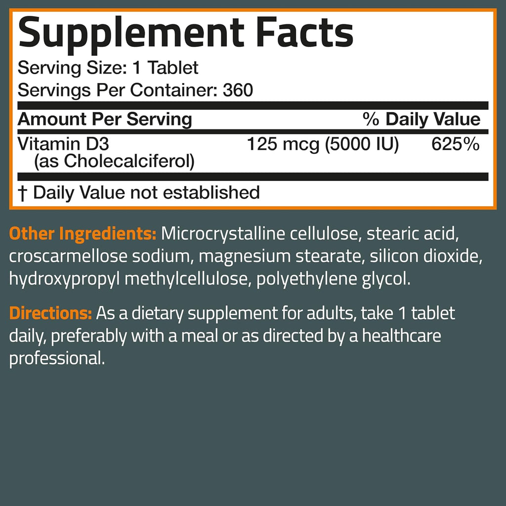 Vitamin D3 5000Iu (125Mcg) Healthy Muscle Function and Immune Support, Non-Gmo, 360 Tablets