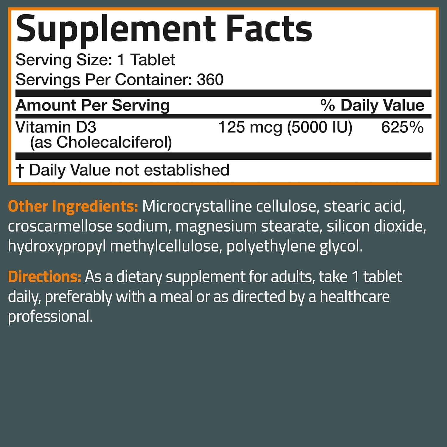 Vitamin D3 5000Iu (125Mcg) Healthy Muscle Function and Immune Support, Non-Gmo, 360 Tablets