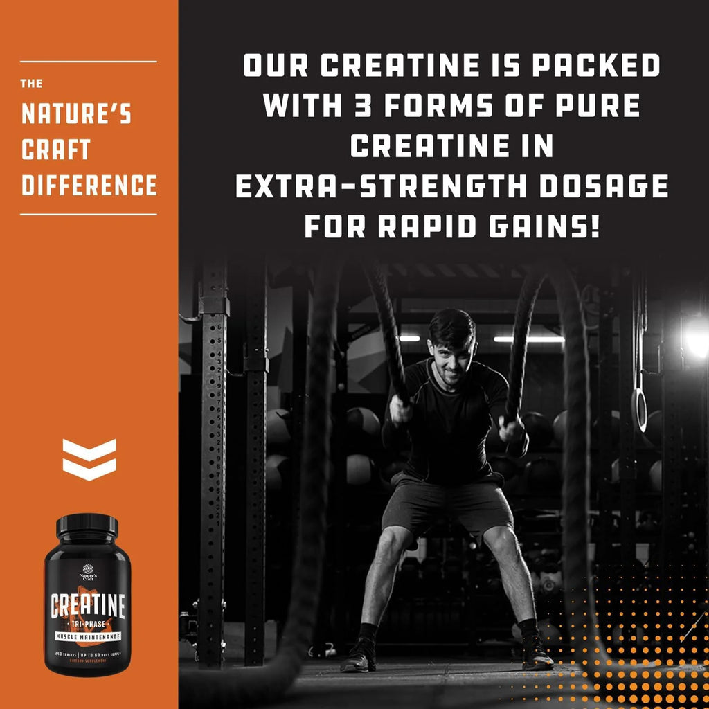 Natures Craft Tri-Phase Creatine Supplement for Muscle Recovery & Muscle Building, 240 Capsules