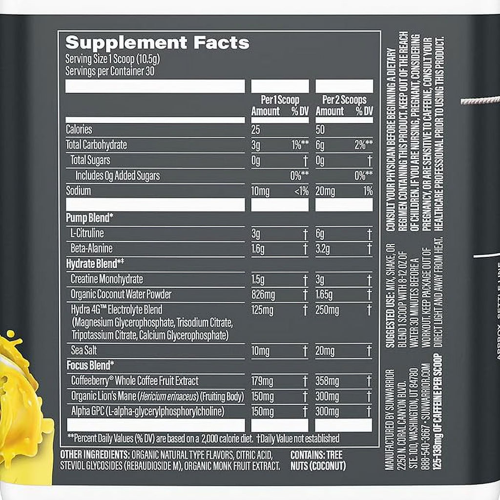 Sunwarrior Active Pre-Workout Powder for Men & Women, Yuzu Mango, 315G (30 Servings)