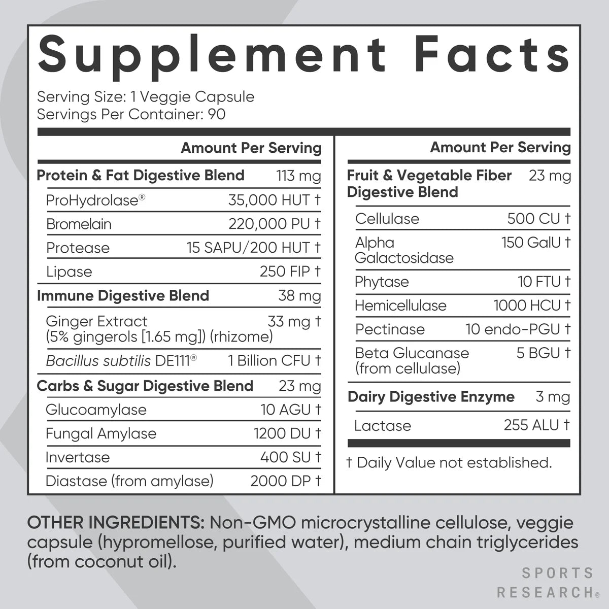 Sports Research® Digestive Enzymes with Probiotics & Ginger - Plant Based Vegan Certified Non-Gmo (90 Softgels)