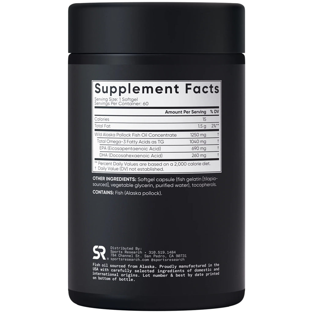 Sports Research Omega 3 Fish Oil Supplement, Triple Strength 1250Mg Omega 3 Fatty Acids, 60 Softgels