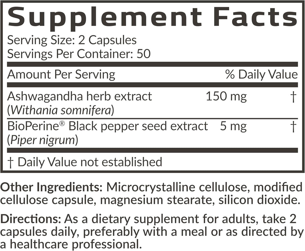 Ashwagandha Extra Strength Stress & Mood Support with Bioperine - Non GMO Formula, 100 Vegetarian Capsules