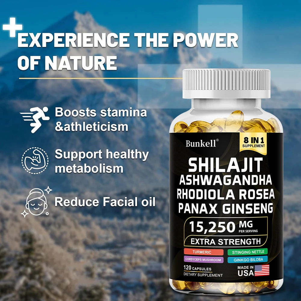 15250Mg Shilajit Capsules with Ginseng Ashwagandha Turmeric, Energy Supplement Muscle Mass Endurance
