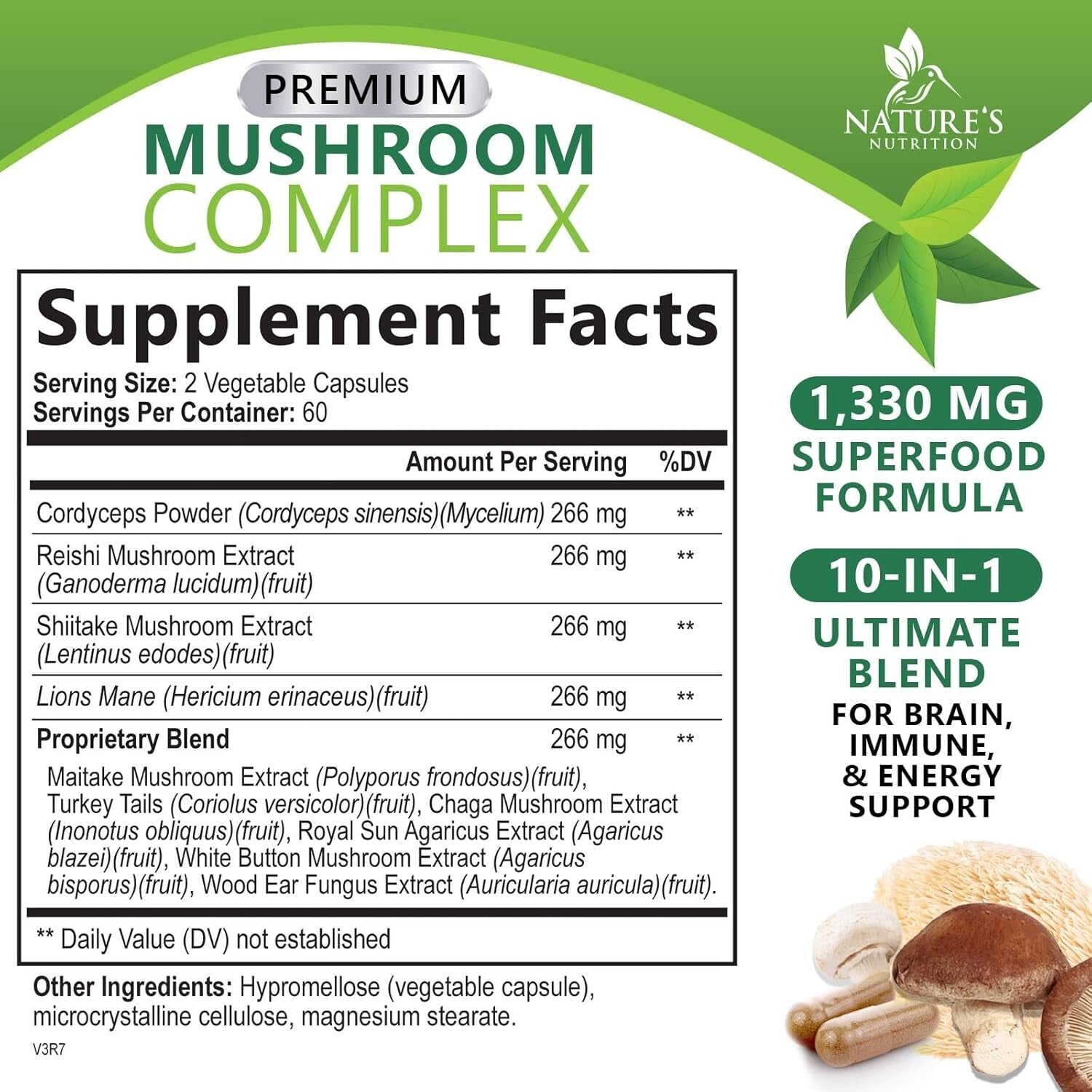 Mushroom Complex Supplement Capsules - 10 Mushrooms Lions Mane, Reishi, Chaga