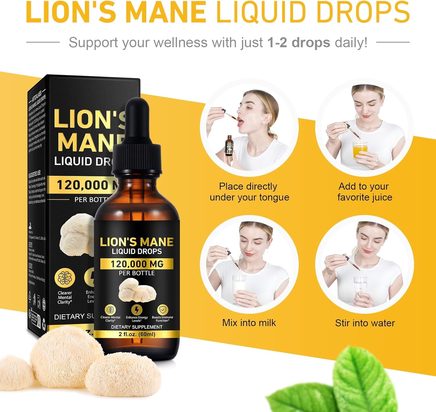 Lions Manemushroom Drops – Brain Supplement 120,000 MG, Memory Focus & Immunity Vitamins, Plant Extract 2Oz