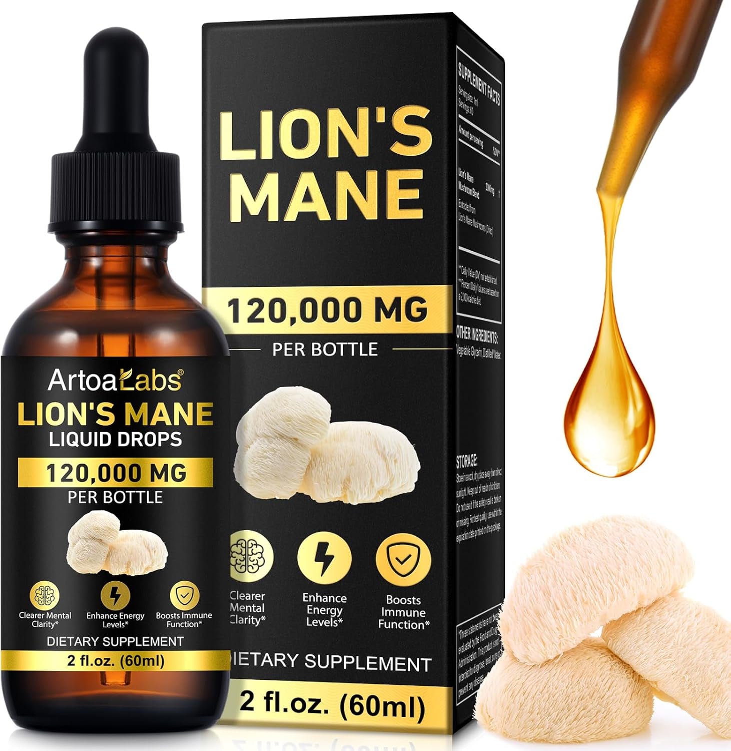 Lions Manemushroom Drops – Brain Supplement 120,000 MG, Memory Focus & Immunity Vitamins, Plant Extract 2Oz