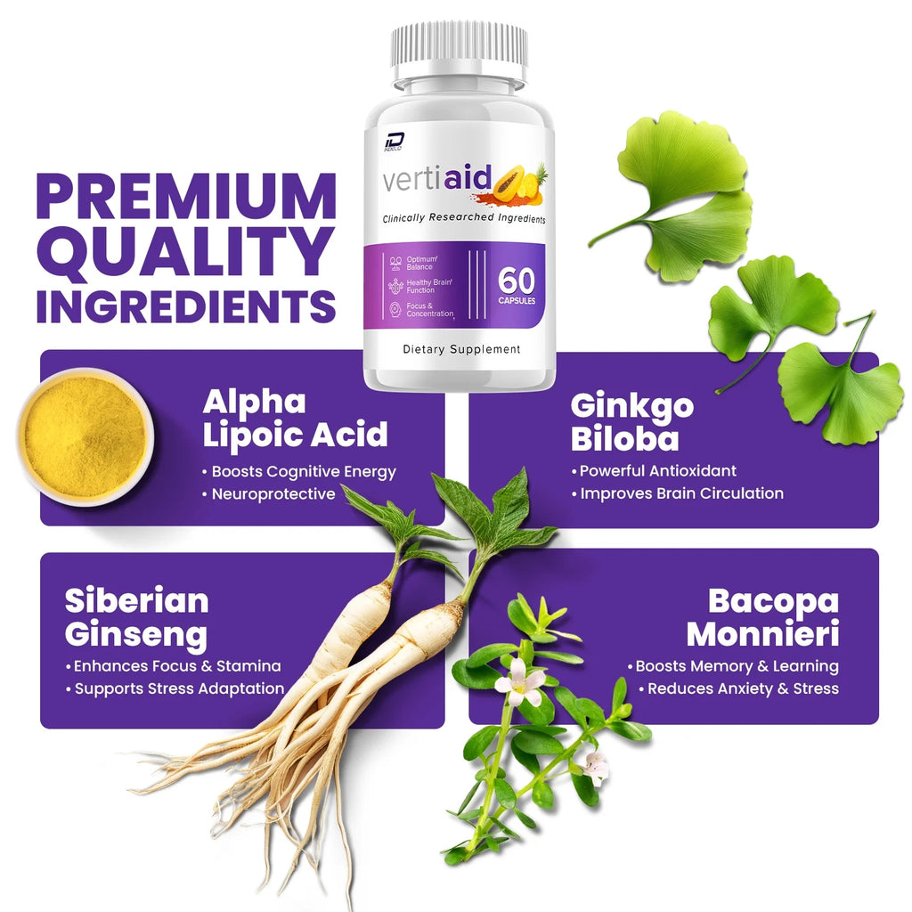 Vertiaid Supplement Capsules – Vertiaid All Natural Memory Focus Pills, 3 Pack, 180 Capsules