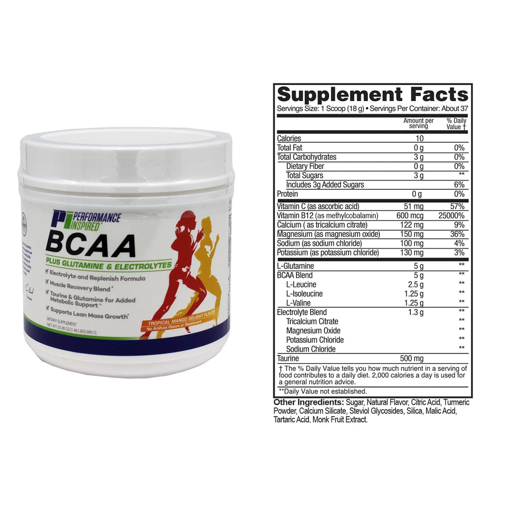 Performance Inspired Nutrition – Full 5G BCAA with Added Electrolytes - Taurine & Glutamine - Recovery & Rebuild- Tropical Mango Delight - 1.46Lb