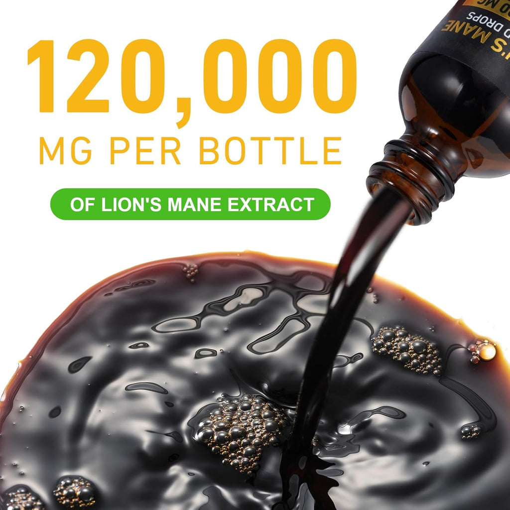 Lions Manemushroom Drops – Brain Supplement 120,000 MG, Memory Focus & Immunity Vitamins, Plant Extract 2Oz