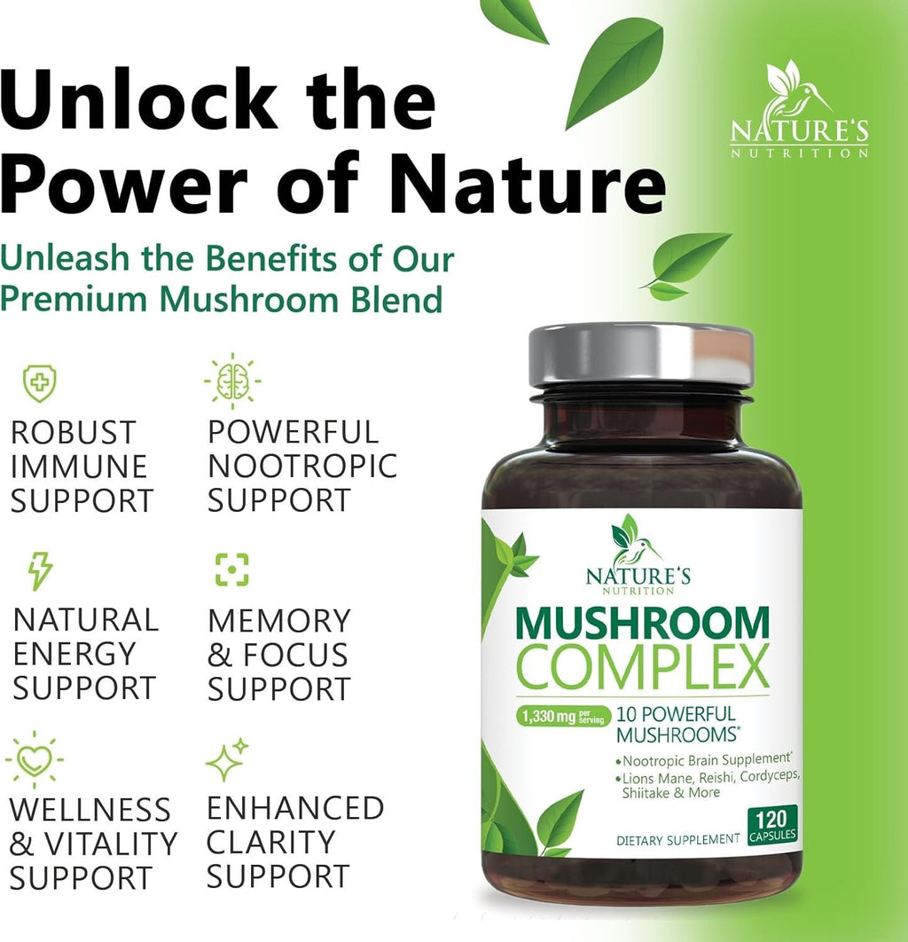 Mushroom Complex Supplement Capsules - 10 Mushrooms Lions Mane, Reishi, Chaga