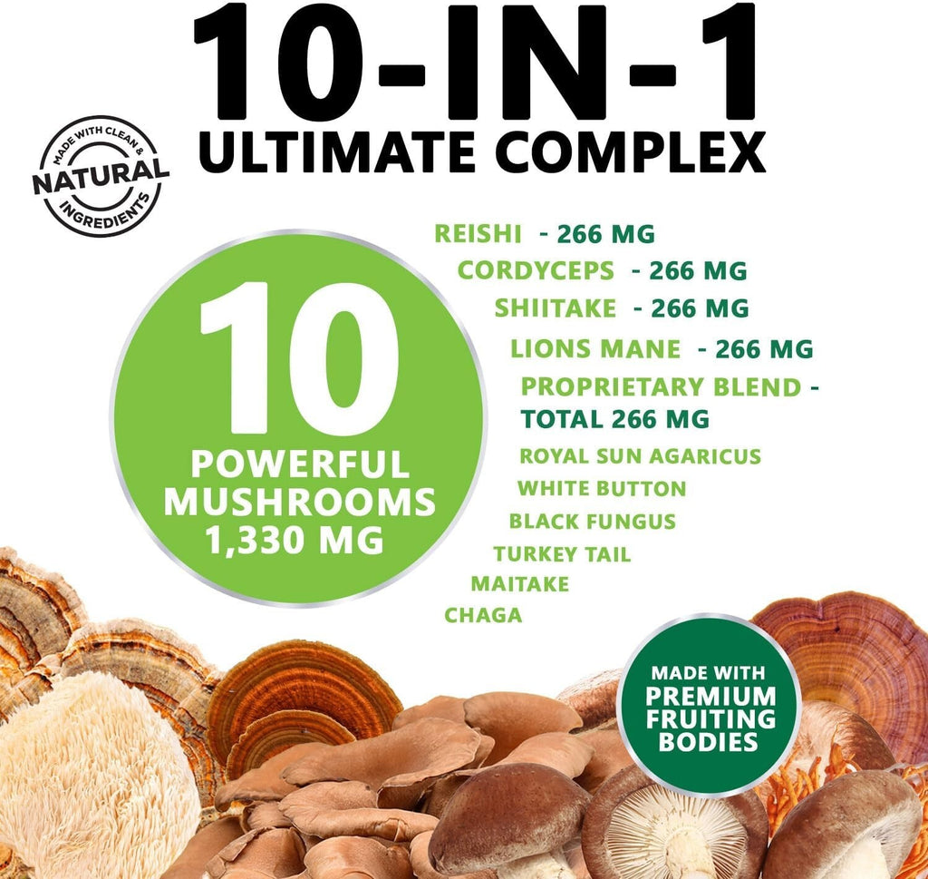 Mushroom Complex Supplement Capsules - 10 Mushrooms Lions Mane, Reishi, Chaga