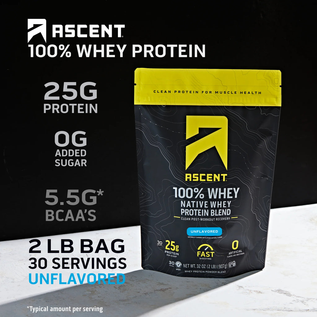 Ascent 100% Whey Protein Powder - Post Workout Whey Protein Isolate, Unflavored, 2 Lb
