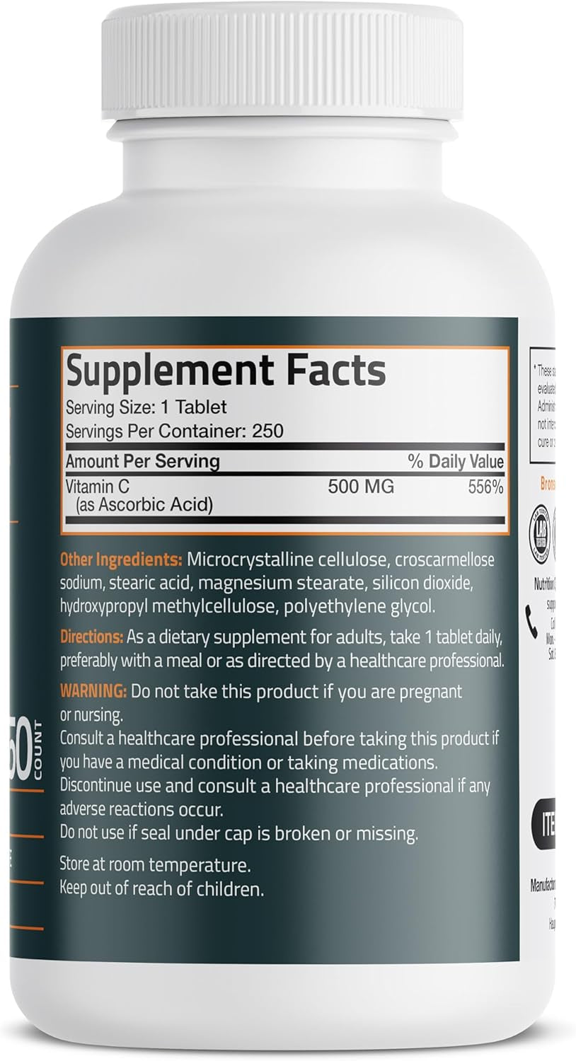 Vitamin C 500 MG Supports a Healthy Immune System & Antioxidant Protection, Non-Gmo, 250 Vegetarian Tablets