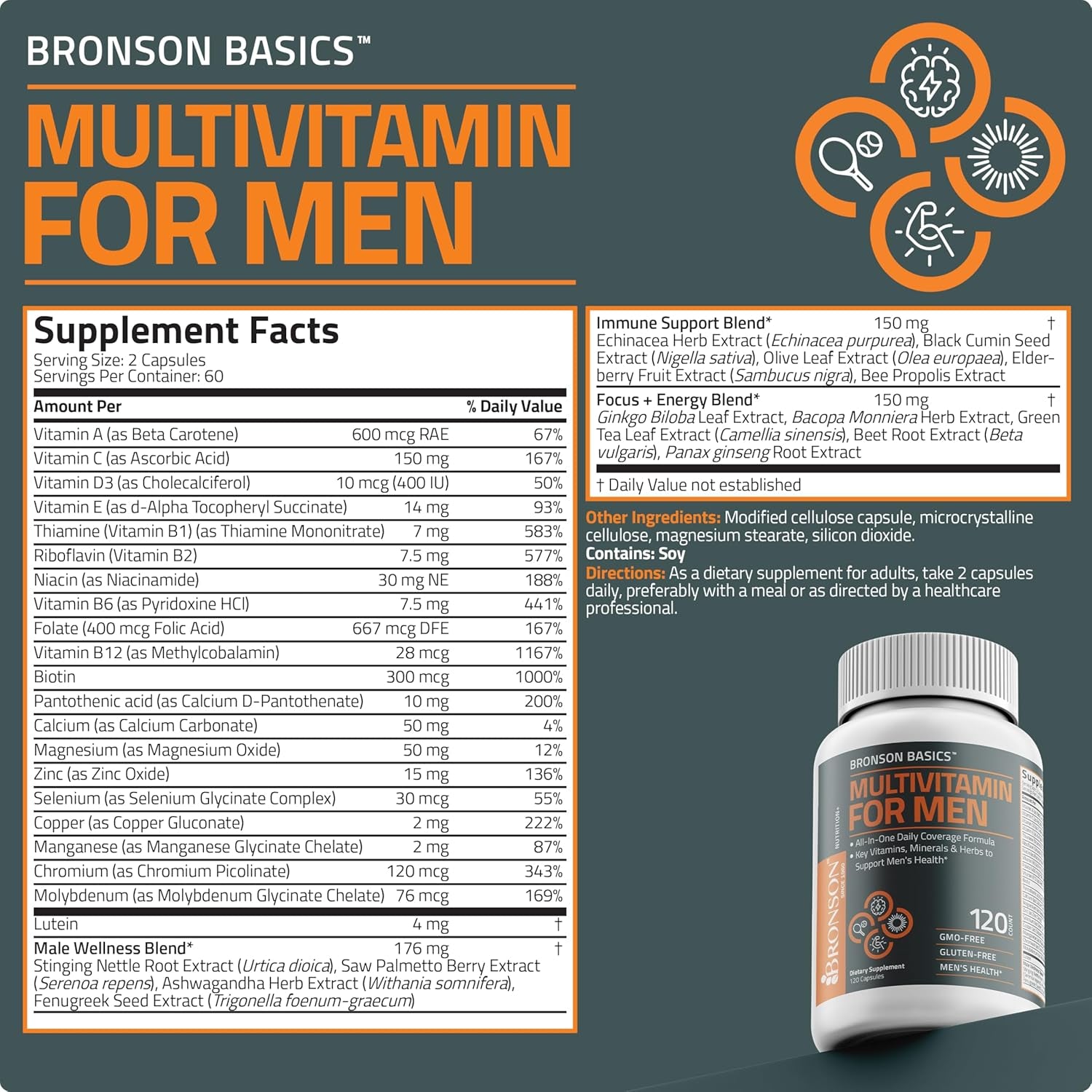 Multivitamin for Men All-In-One Daily Coverage Formula Key Vitamins, Minerals & Herbs to Support Men'S Health, 120 Capsules