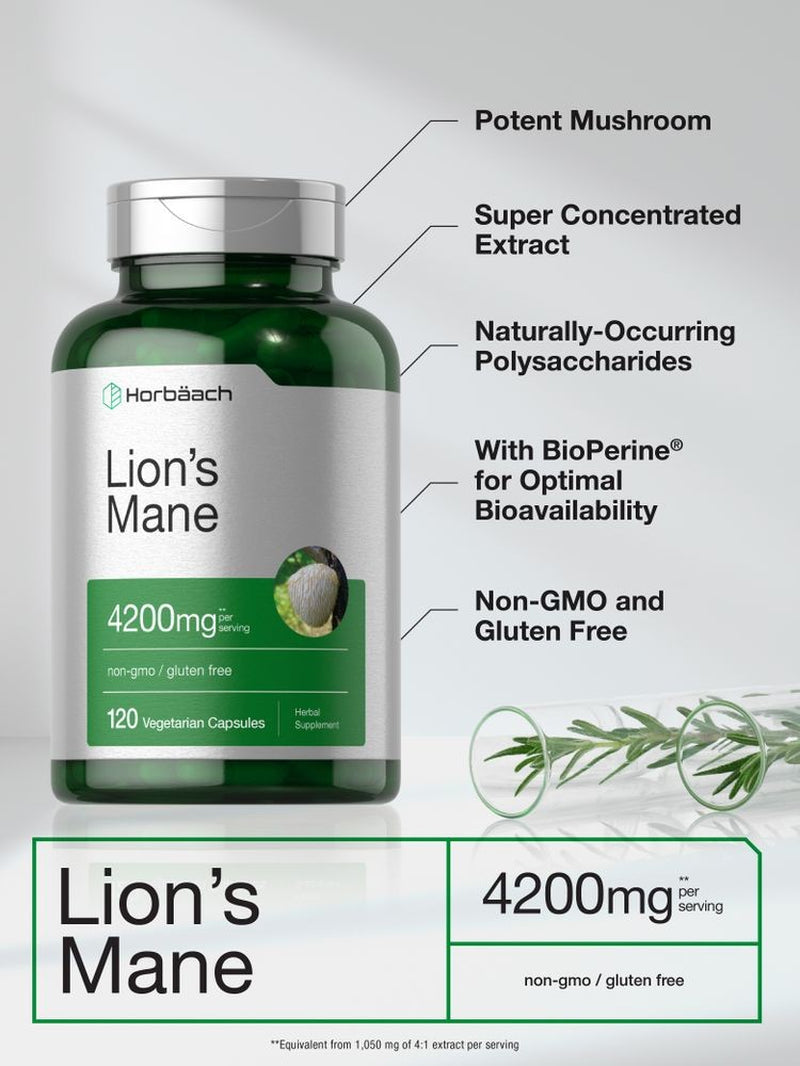 Lions Mane Mushroom Capsules | 4200Mg | 120 Count | Vegetarian | by Horbaach