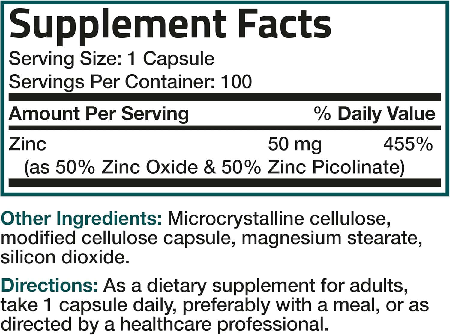 Zinc 50Mg Complex High Potency Immune Support Supplement & Antioxidant and Skin Health - Non GMO, 100 Vegetarian Capsules