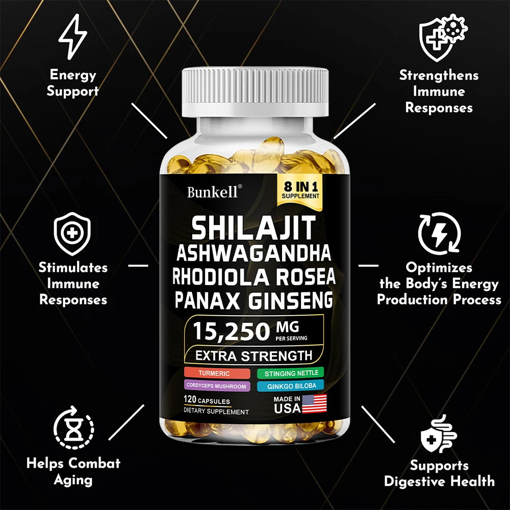 15250Mg Shilajit Capsules with Ginseng Ashwagandha Turmeric, Energy Supplement Muscle Mass Endurance