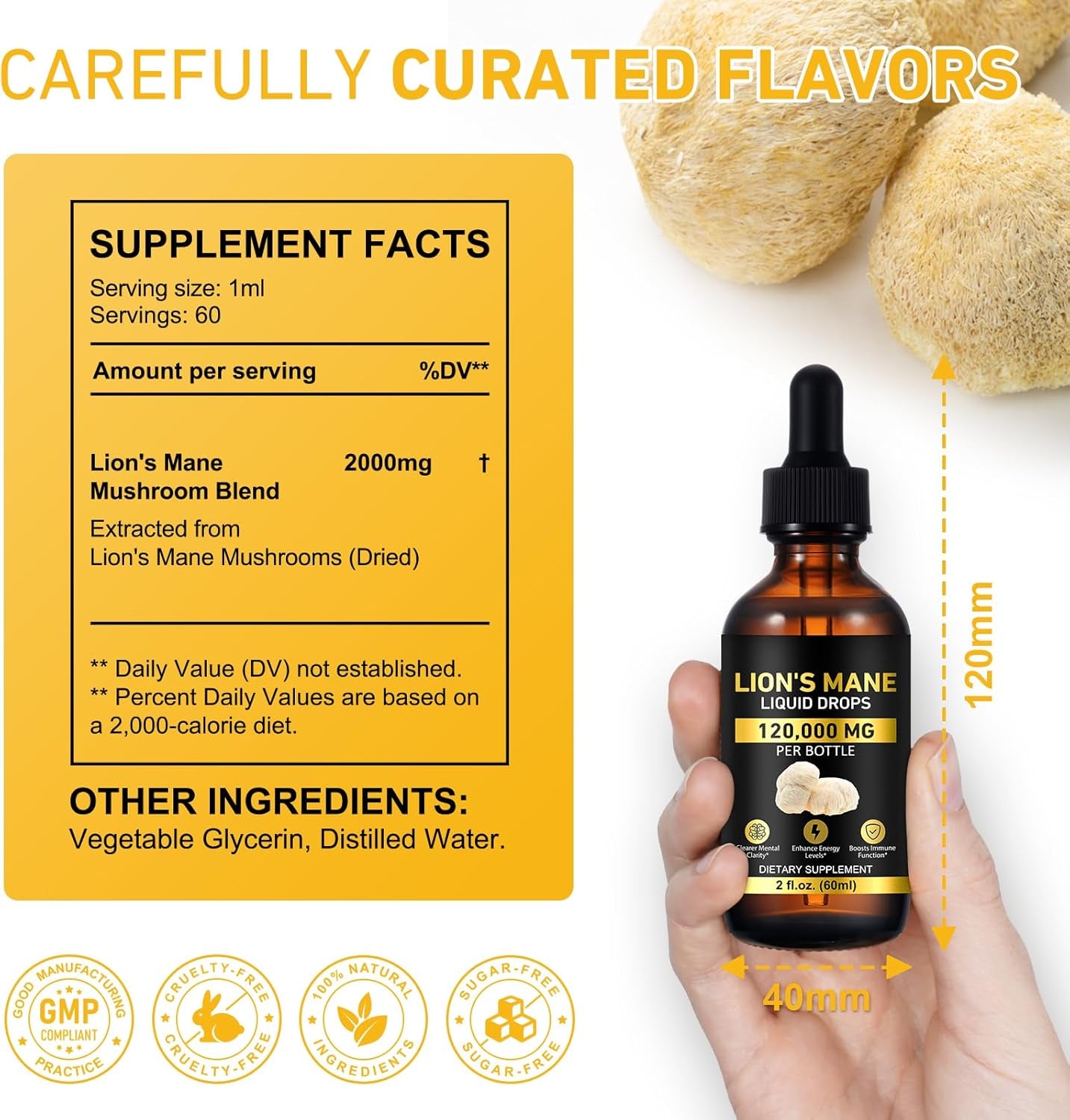 Lions Manemushroom Drops – Brain Supplement 120,000 MG, Memory Focus & Immunity Vitamins, Plant Extract 2Oz