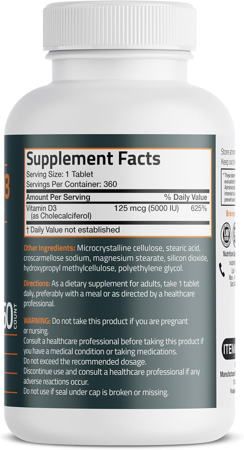 Vitamin D3 5000Iu (125Mcg) Healthy Muscle Function and Immune Support, Non-Gmo, 360 Tablets