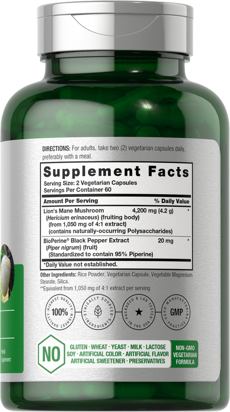 Lions Mane Mushroom Capsules | 4200Mg | 120 Count | Vegetarian | by Horbaach