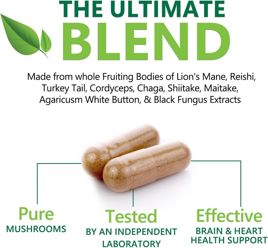 Mushroom Complex Supplement Capsules - 10 Mushrooms Lions Mane, Reishi, Chaga