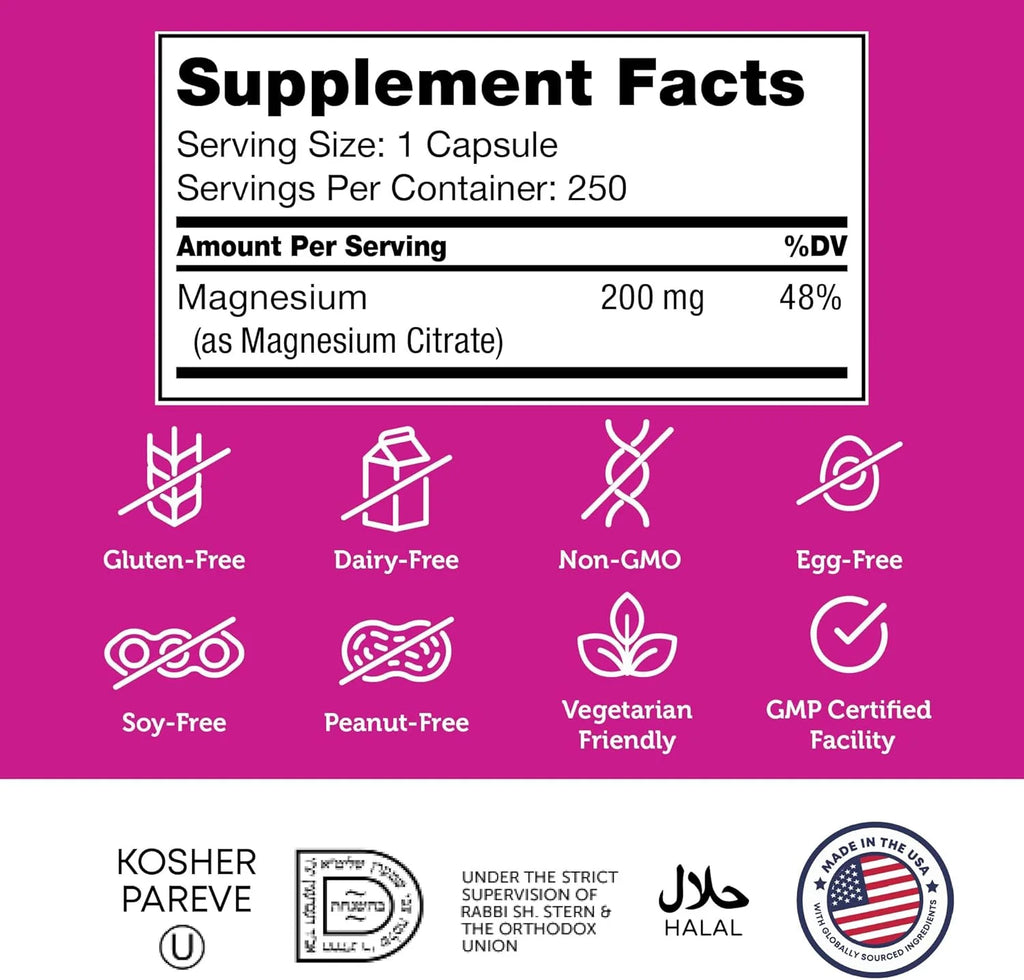 Zahler Magnesium Citrate 200 Mg Capsules, Advanced Magnesium Supplements for Muscle & Nerve Health, Bioactive Magnesium, 250 Capsules