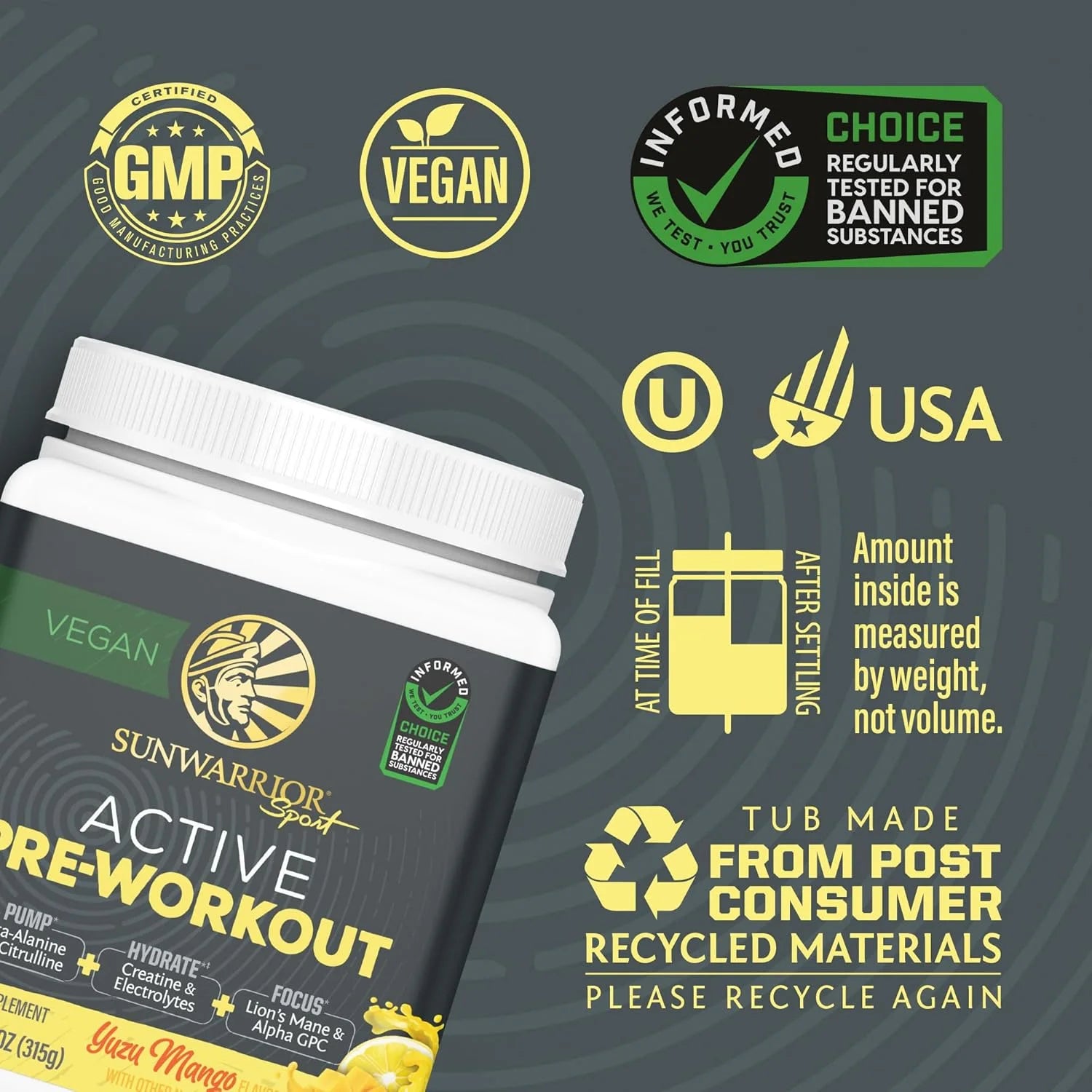 Sunwarrior Active Pre-Workout Powder for Men & Women, Yuzu Mango, 315G (30 Servings)