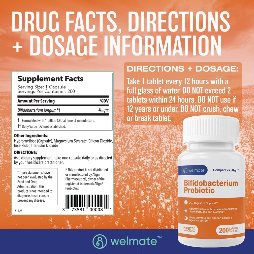 WELMATE Probiotic Supplement, Bifidobacterium - 200 Capsules