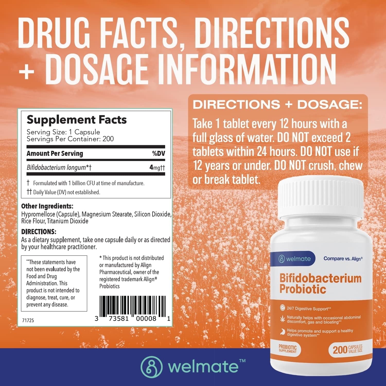 WELMATE Probiotic Supplement, Bifidobacterium - 200 Capsules