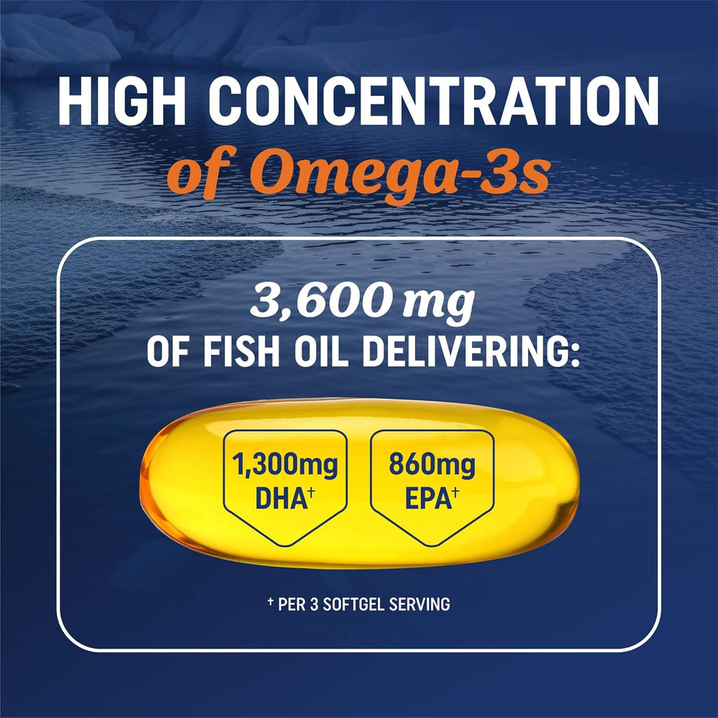 Triple Strength Omega 3 Fish Oil 3600 Mg | EPA & DHA | over 2100Mg Omega-3 Fatty Acids | 1300Mg EPA + 860Mg DHA | Best Essential Fatty Acids | Premium Wild Caught & Burpless Fish Oil | 120 Ct