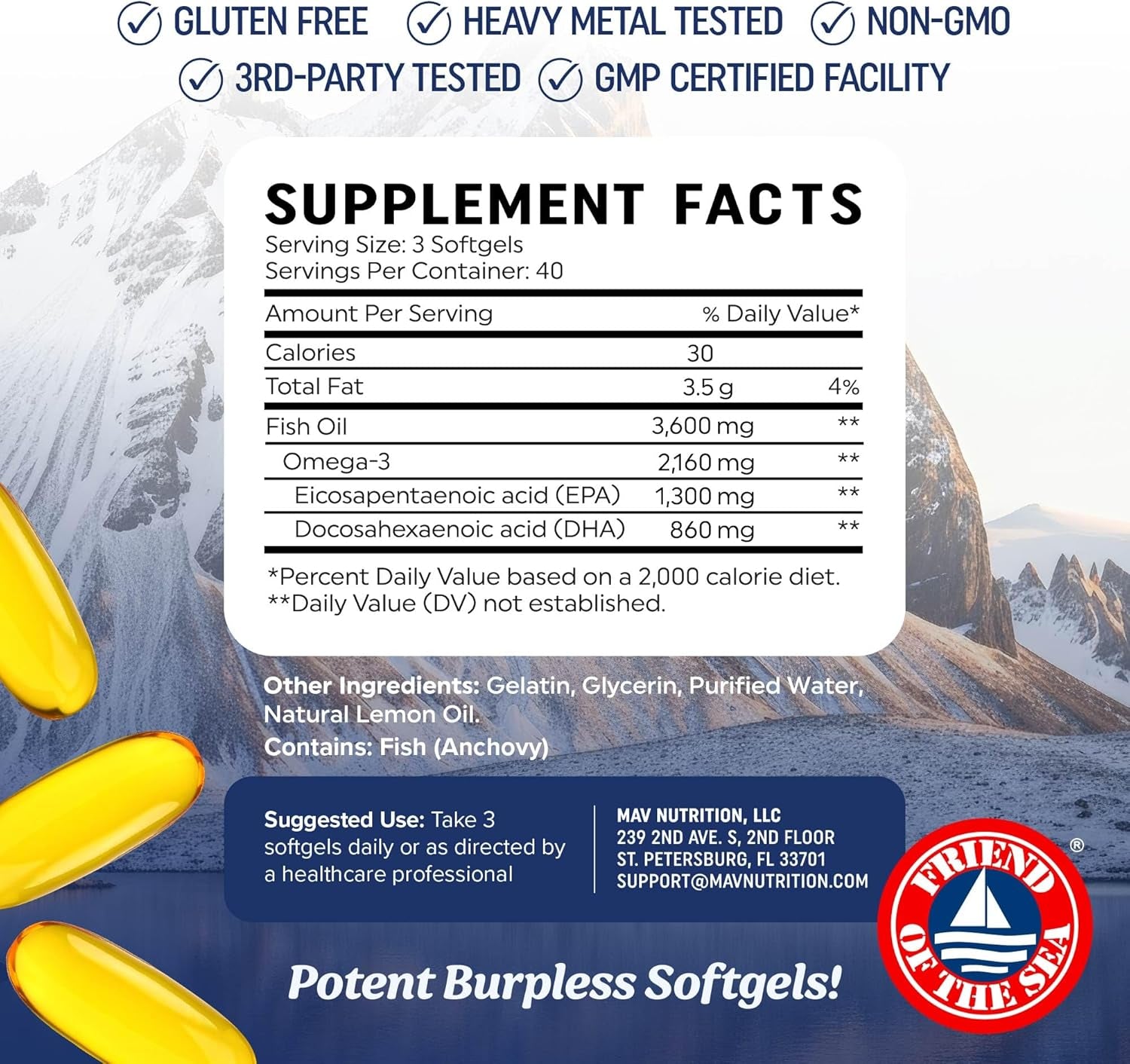 Triple Strength Omega 3 Fish Oil 3600 Mg | EPA & DHA | over 2100Mg Omega-3 Fatty Acids | 1300Mg EPA + 860Mg DHA | Best Essential Fatty Acids | Premium Wild Caught & Burpless Fish Oil | 120 Ct