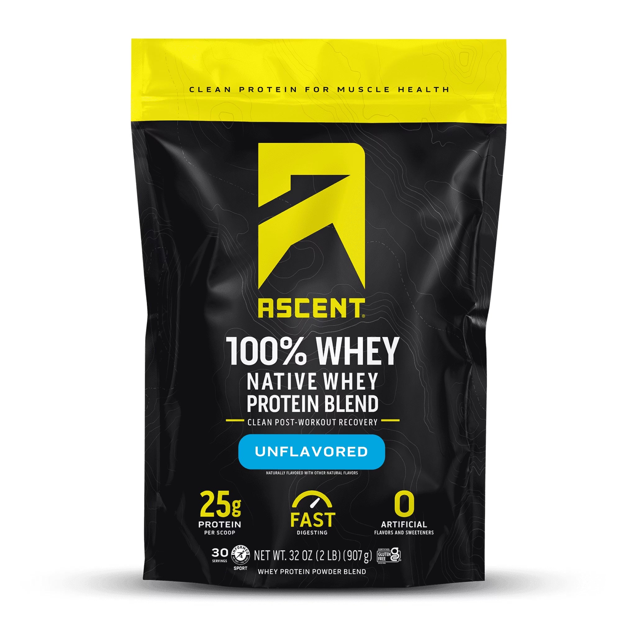 Ascent 100% Whey Protein Powder - Post Workout Whey Protein Isolate, Unflavored, 2 Lb